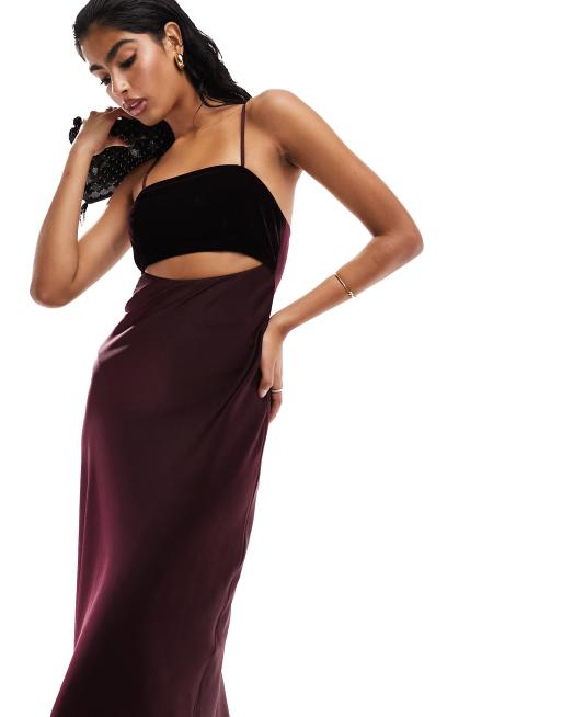 ASOS DESIGN - Robe longueur mollet en satin avec buste en velours à découpe - Bordeaux, 4 de 4