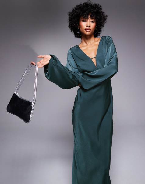 ASOS DESIGN - Robe longueur mollet en satin avec manches blouson et col en V - Sarcelle foncé - view 1
