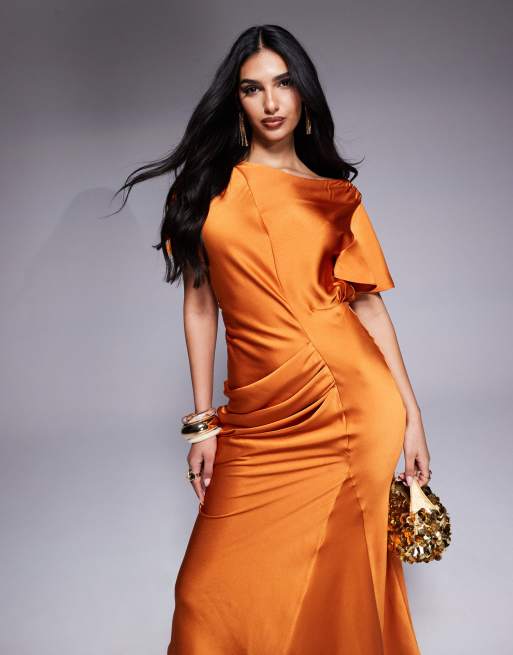 ASOS DESIGN - Robe longueur mollet en satin avec manches évasées - Rouille, 2 de 4
