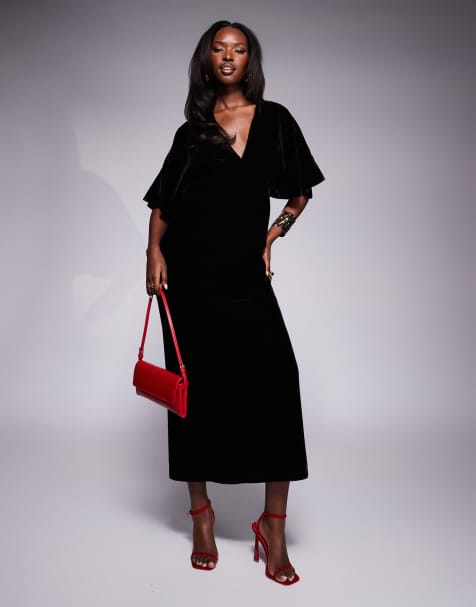 ASOS DESIGN - Robe longueur mollet en velours à manches évasées et décolleté plongeant devant - Noir - view 1