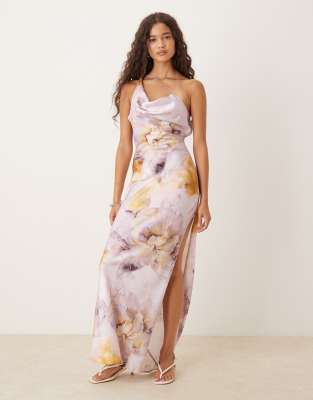 ASOS DESIGN - Robe longueur mollet fendue en satin à bretelles asymétriques - Fleurs soufflées-Multicolore