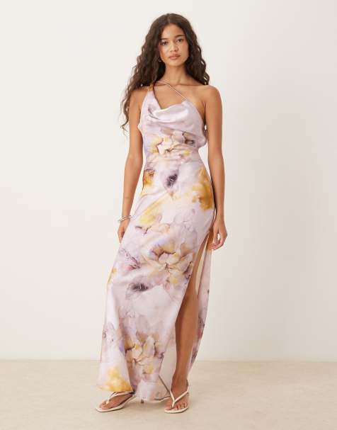 ASOS DESIGN - Robe longueur mollet fendue en satin à bretelles asymétriques - Fleurs soufflées - view 1