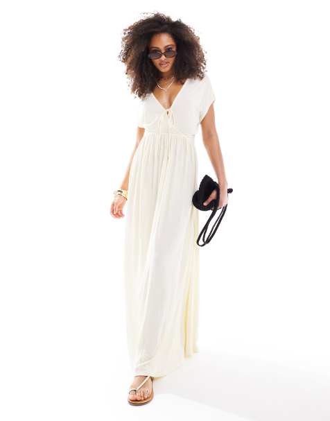 ASOS DESIGN - Robe longueur mollet froncée à col en V devant à liens et manches courtes - Blanc - view 1