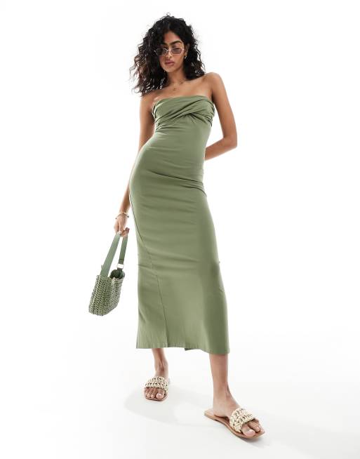 ASOS DESIGN - Robe longueur mollet moulante à encolure bandeau et buste torsadé - Vert olive