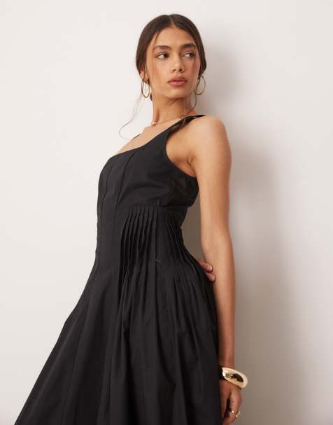 ASOS DESIGN - Robe longueur mollet plissée au niveau de la taille à encolure dégagée - Noir - view 1