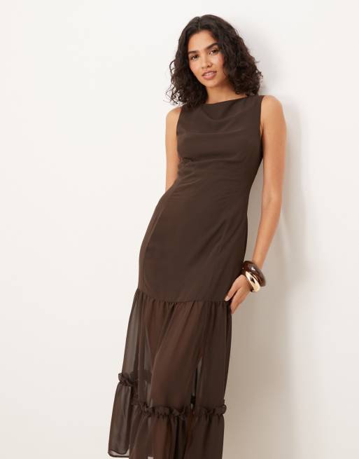 ASOS DESIGN - Robe longueur mollet sans manches à encolure bateau et ourlet fendu - Marron, 3 de 4