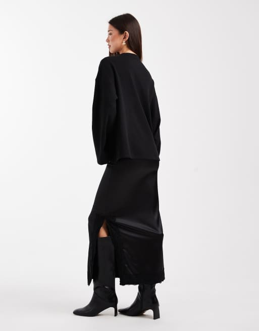 ASOS DESIGN - Robe mi-longue 2-en-1 avec détail en dentelle, satin et sweat - Noir, 4 de 4