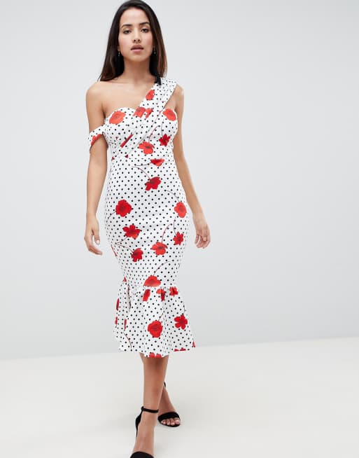 ASOS DESIGN - Robe mi-longue à basque imprimé roses et pois