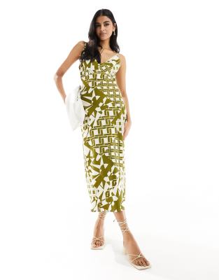 Robe Zara Vintage Taille M - Midi Évasée Motif Géométrique Vert Kaki, Sans Manches