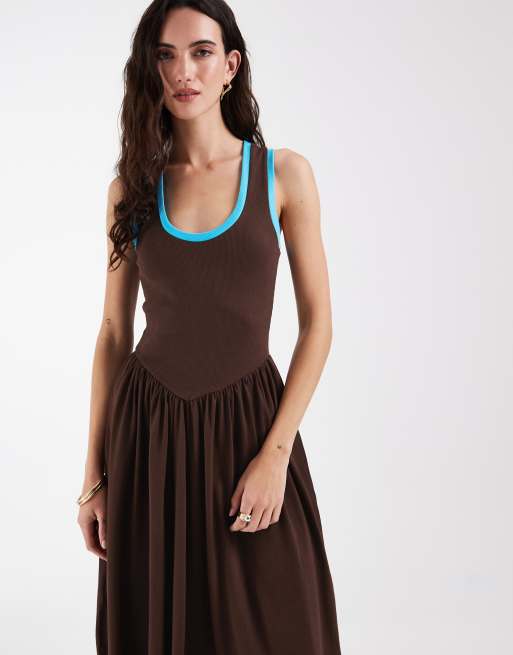 ASOS DESIGN - Robe mi-longue à bords contrastants - Chocolat/sarcelle, 2 de 4