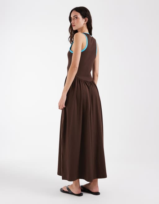 ASOS DESIGN - Robe mi-longue à bords contrastants - Chocolat/sarcelle, 4 de 4