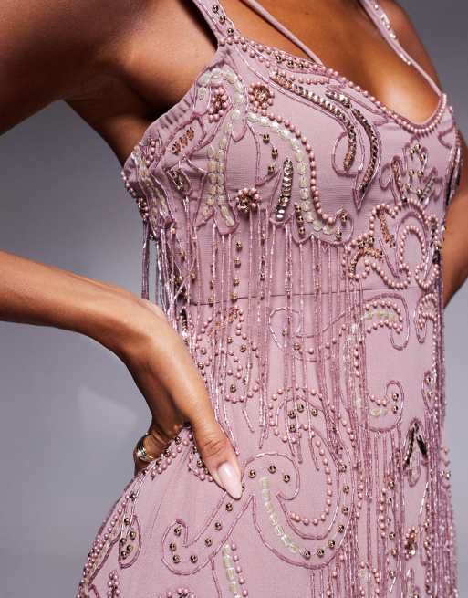 ASOS DESIGN - Robe mi-longue à bretelles avec ornements et franges - Rose , 3 de 4