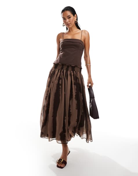 ASOS DESIGN - Robe mi-longue à bretelles fines et taille basse - Marron - view 1