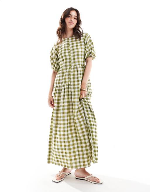 FhyzicsShops DESIGN - Robe mi-longue à carreaux vichy - Sauge et crème