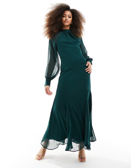 ASOS DESIGN - Robe mi-longue à col montant avec jupe à godets - Vert forêt