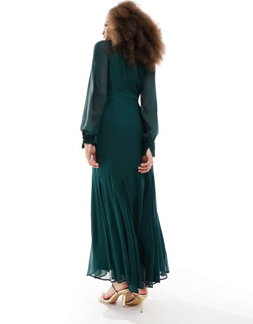 ASOS DESIGN - Robe mi-longue à col montant avec jupe à godets - Vert forêt, 3 de 4