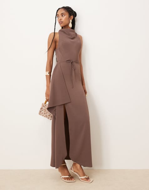 ASOS DESIGN - Robe mi-longue à col montant avec jupe drapée - Marron chocolat - view 1