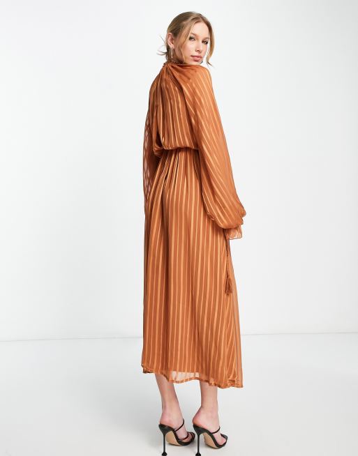 ASOS DESIGN - Robe mi-longue à col montant et détails contrastants effet satiné à rayures, 2 de 4
