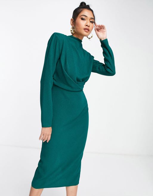 ASOS DESIGN Robe mi longue col montant et paulette torsad e sur le devant Vert for t