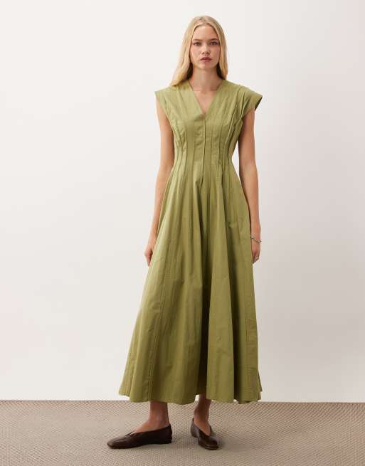 ASOS DESIGN - Robe mi-longue à col V et empiècements sculptants - Olive, 2 de 4