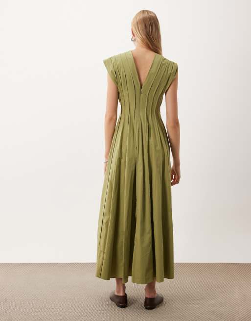 ASOS DESIGN - Robe mi-longue à col V et empiècements sculptants - Olive, 4 de 4