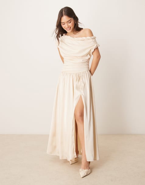 ASOS DESIGN - Robe mi-longue à corsage froncé, jupe satinée et encolure torsadée - Crème - view 1