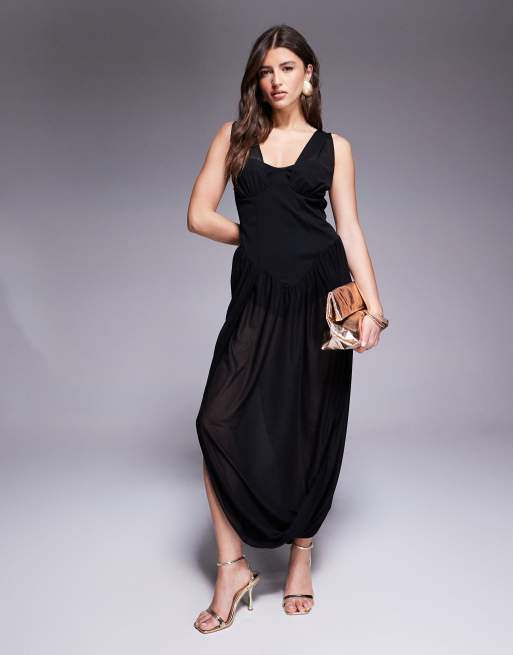 ASOS DESIGN - Robe mi-longue à décolleté plongeant en mousseline avec corsage en néoprène - Noir
