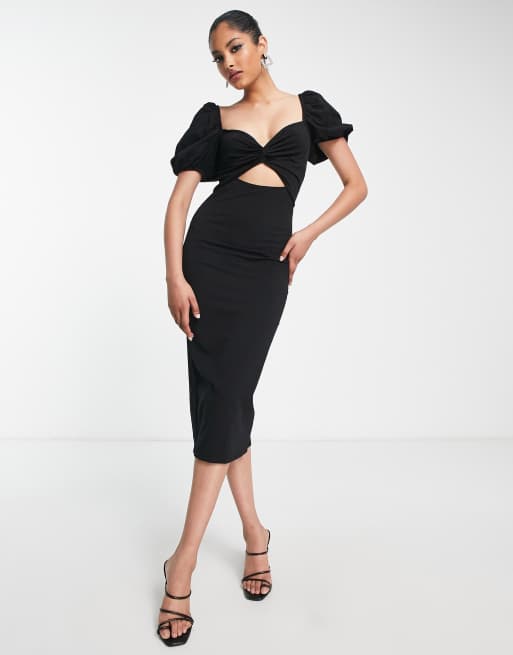 ASOS DESIGN - Robe mi-longue à découpe et manches bouffantes - Noir