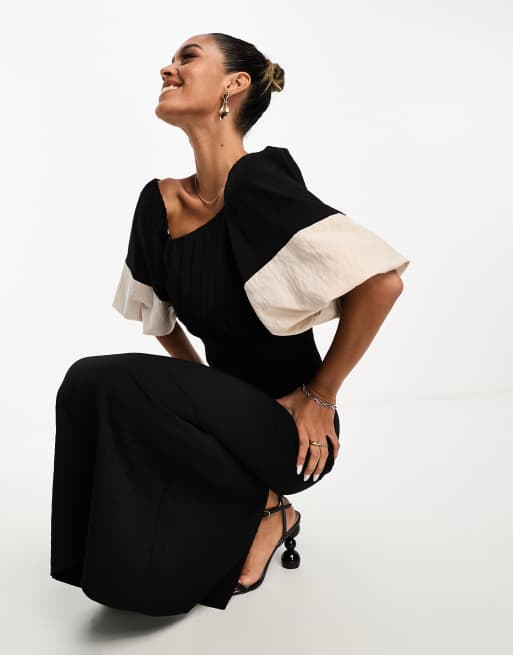 ASOS DESIGN - Robe mi-longue à encolure asymétrique et manches contrastantes - Noir , 2 de 4