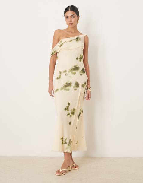ASOS DESIGN - Robe mi-longue à encolure asymétrique torsadée et imprimé vert flou - Crème - view 1
