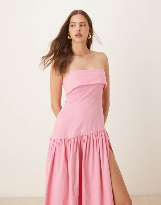 ASOS DESIGN fold over bandeau midi dress with asymmetric detailing in pink