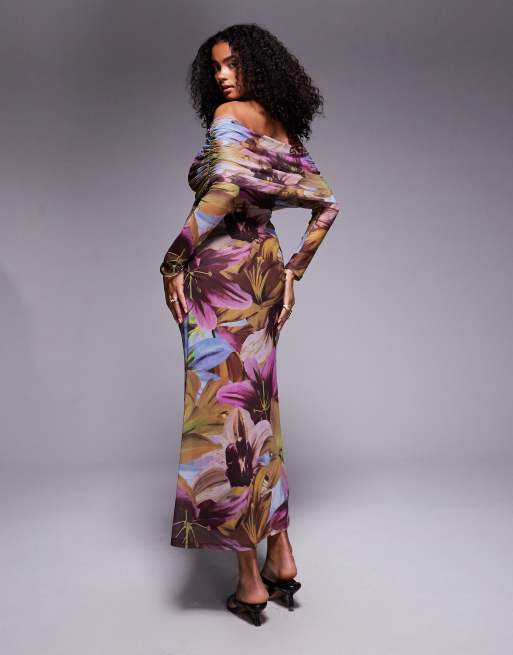 ASOS DESIGN - Robe mi-longue à encolure Bardot et manches longues - Imprimé fleurs foncées, 2 de 4