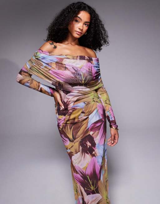 ASOS DESIGN - Robe mi-longue à encolure Bardot et manches longues - Imprimé fleurs foncées, 3 de 4
