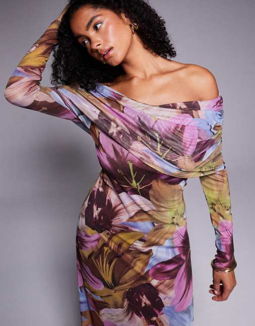 ASOS DESIGN - Robe mi-longue à encolure Bardot et manches longues - Imprimé fleurs foncées, 4 de 4
