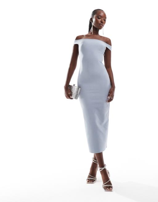 ASOS DESIGN Robe mi longue a encolure Bardot facon bandage Argente ASOS