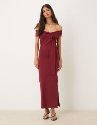 Robe mi-longue à encolure bardot torsadée - Bordeaux-Rouge XS