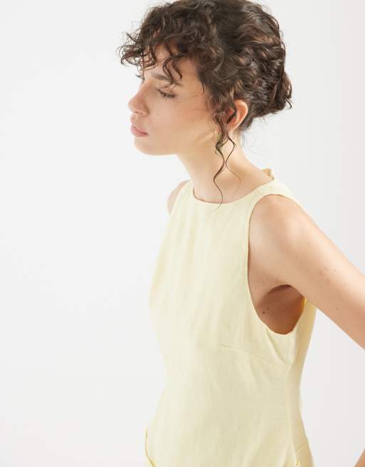 ASOS DESIGN - Robe mi-longue à encolure bateau avec taille basse asymétrique en lin de qualité supérieure - Citron, 2 de 4