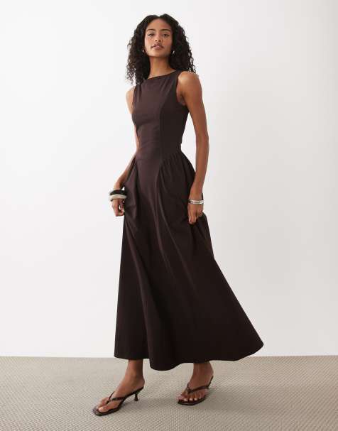ASOS DESIGN - Robe mi-longue à encolure bateau et détail à la taille - Chocolat - view 1