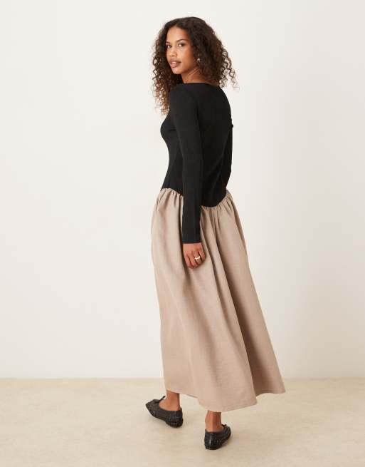 ASOS DESIGN - Robe mi-longue à encolure bateau et manches longues avec taille plongeante - Noir et beige, 2 de 4