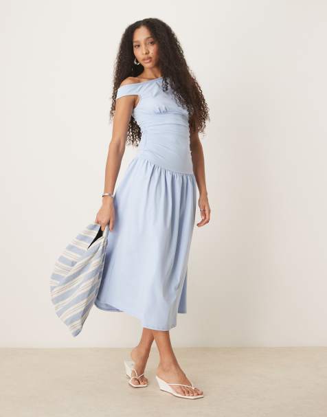 ASOS DESIGN - Robe mi-longue à encolure bateau et taille ajustée - Bleu pastel - view 1