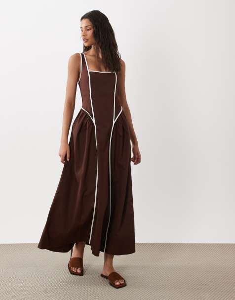 ASOS DESIGN - Robe mi-longue à encolure carrée avec buste sculpté et liseré contrastant - Chocolat - view 1