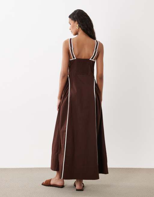ASOS DESIGN - Robe mi-longue à encolure carrée avec buste sculpté et liseré contrastant - Chocolat, 4 de 4