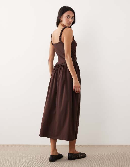 ASOS DESIGN - Robe mi-longue à encolure carrée et corsage froncé - Chocolat, 2 de 4