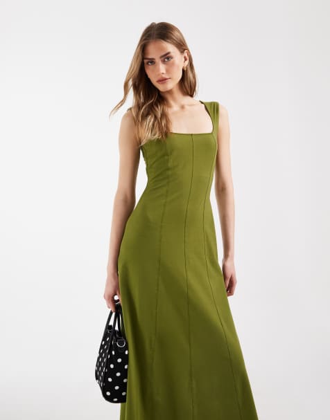 ASOS DESIGN - Robe mi-longue à encolure carrée et surpiqûres - Kaki - view 1