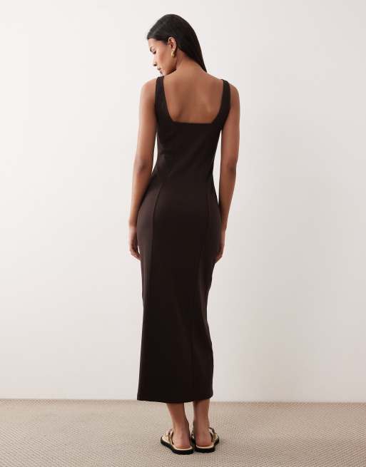 ASOS DESIGN - Robe mi-longue à encolure carrée et surpiqûres - Noisette, 2 de 4