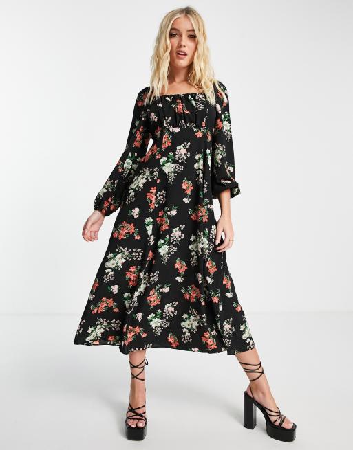 ASOS DESIGN - Robe mi-longue à encolure carrée froncée - Noir imprimé fleurs