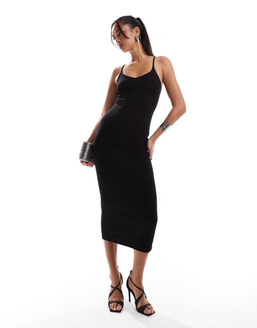 ASOS DESIGN - Robe mi-longue à encolure crantée et liens croisés - Noir