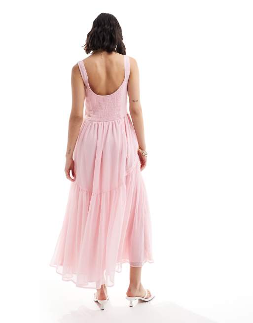 ASOS DESIGN - Robe mi-longue à encolure dégagée avec fronces et liens - Rose pastel, 3 de 4