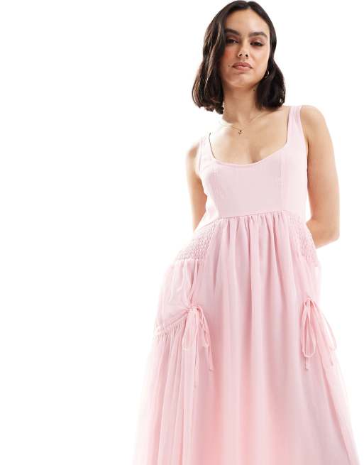 ASOS DESIGN - Robe mi-longue à encolure dégagée avec fronces et liens - Rose pastel, 4 de 4