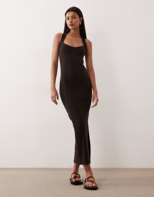 Robe mi-longue à encolure nageur dégagée et surpiqûres - Chocolat-Brown 44